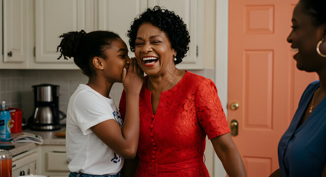 Happy multigenerational family sharing a secret joyful moment together in their home kitchen laughter happiness grandma granddaughter mother