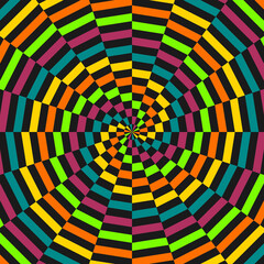 Retro sunburst or sunbeam swirl with colorful pixelated style in funk pop design