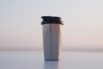 Modern stainless steel travel mug with black lid on a light background
