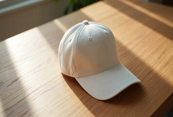 A plain white baseball cap rests on a wooden surface with natural light