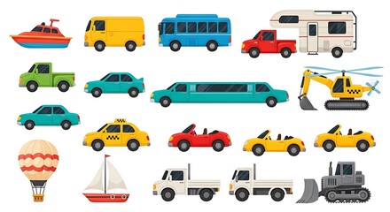 Obraz premium A diverse collection of vehicles including cars, trucks, buses, boats, and aircraft, representing various modes of transport