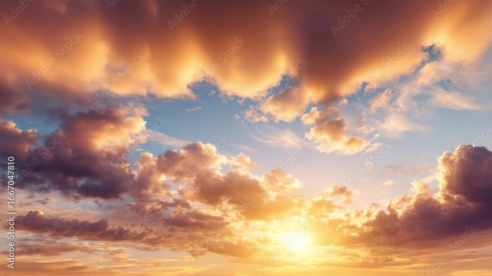 Poster a beautiful sunset casts an array of colors across the sky, with soft and fluffy clouds creating a p