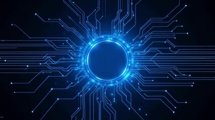Dynamic futuristic digital circuit design with glowing blue light and data connection - Powered by Adobe