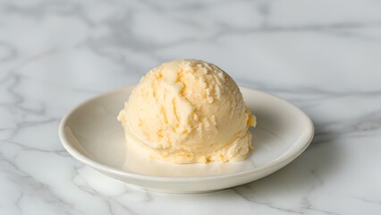 Creamy Vanilla Ice Cream Scoop on White Plate Over Marble Surface 