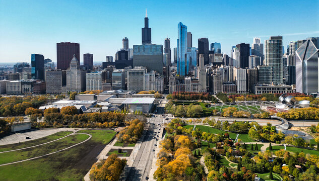 Autumn city park landscape. Cityscape with fall city park. Chicago cityscape skyline architecture. Skyscraper and landscape. Chicago cityscape. Skyscraper view. Chicago downtown city park and skyline