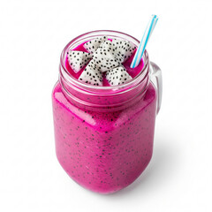 Pink Dragon Fruit Smoothie in a Mason Jar with Fruit Slices on a White Background