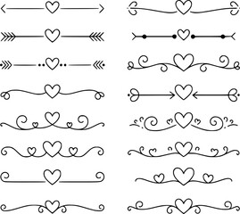 Collection of black and white decorative heart and arrow dividers and borders love