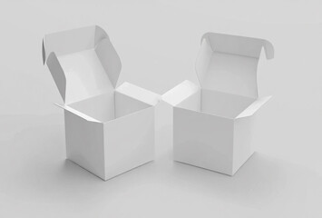 Two open white gift boxes with lids slightly ajar on a light gray background