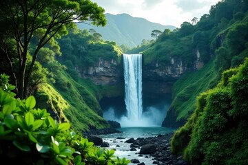 Abundant greenery frames a powerful waterfall on a Hawaiian island , tropical, image