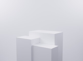 Minimalist white geometric podium for product display on a clean background.