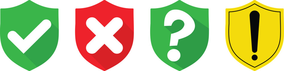 Obraz premium Four shields showing check mark x mark question mark and exclamation point