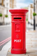 Iconic red post box standing on a London street corner