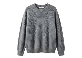 A light gray, textured, knitted sweater with intricate diamond-shaped patterns showcases a modern design.