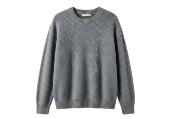 A light gray, textured, knitted sweater with intricate diamond-shaped patterns showcases a modern design.