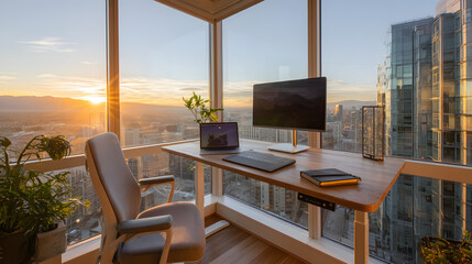 Fototapeta premium Modern and Ergonomic Home Office Setup at Golden Hour
