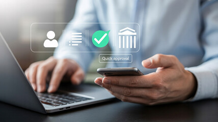 Get quick approval online using laptop and phone, modern business technology and finance concept