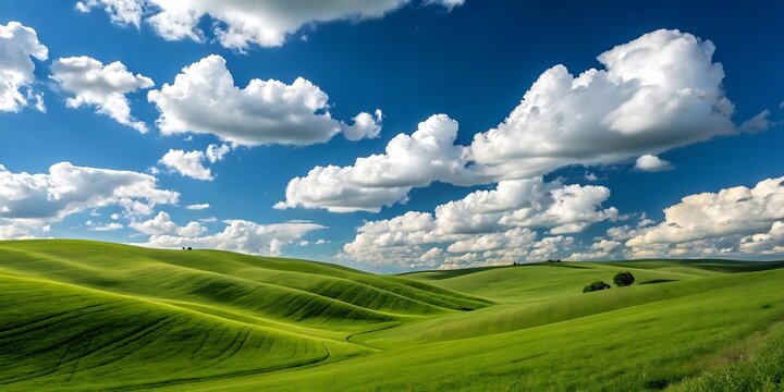 A serene landscape of rolling green hills under a blue sky with fluffy white clouds