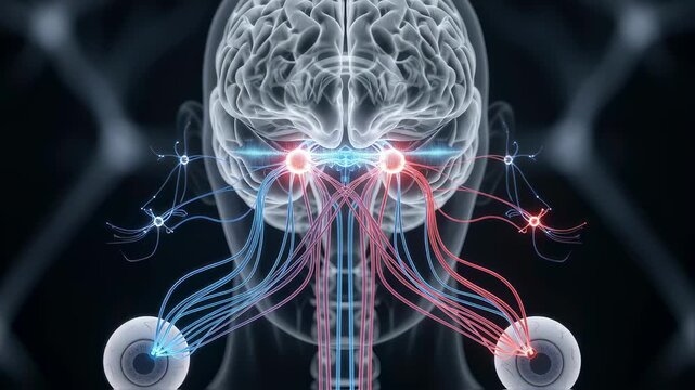 A detailed illustration of neural pathways forming binocular vision in the human brain highlighting the process of neural rewiring and integration of visual signals from both eyes