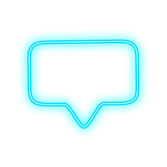 Bright blue neon glowing speech bubble icon with rounded corners and a pointer, isolated on a clean white background, representing communication or chat.