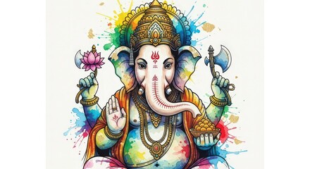 Obraz premium Colorful watercolor-style depiction of deity Ganesha with splatter and ornaments on white background