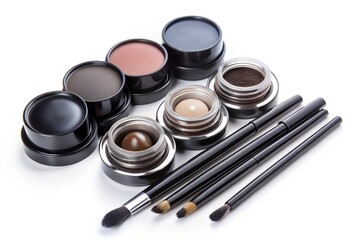 Assortment of colorful cream eyeshadow pots and makeup brushes arranged on a white background