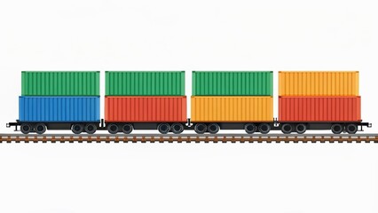 Colorful shipping containers on a train, emphasizing transportation and logistics within an industrial setting.
