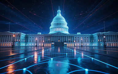 Illuminated capitol building with network connections at night on transparent background