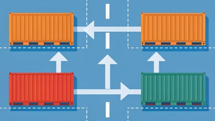Colorful shipping containers arranged with directional arrows, illustrating logistics and transport concepts.