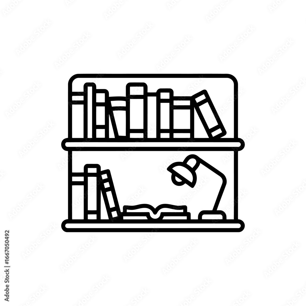 Poster Stylized Bookshelf with Books and Lamp for Study and Reading