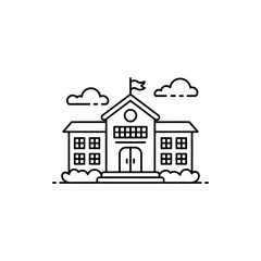 Naklejka premium Architectural Illustration of a School Building with Clouds and Landscaping in Line Art Style