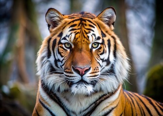 Majestic tiger face close up with intense green eyes looking directly forward