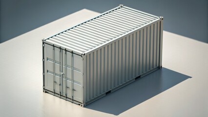 A metallic shipping container casting a shadow on a light surface, showcasing its industrial design and structure.