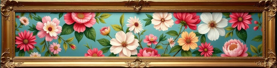Gilded frame showcasing a vibrant floral Regency wallpaper , pattern, interior design, gold frame