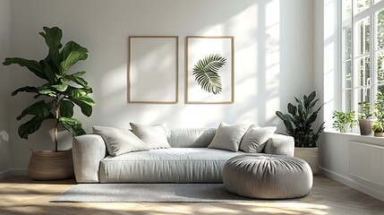 Minimalist Living Room Interior with Copy - Space, White Background, and Tropical Plant Decor