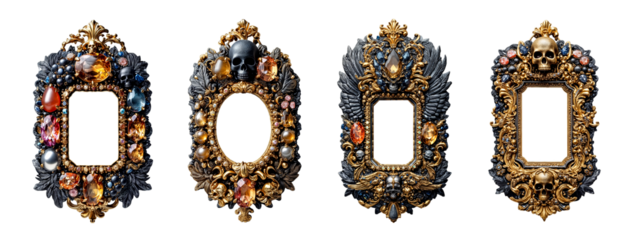 Ornate Baroque Gothic Frames with Gemstones and Skulls on Transparent Background