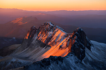 Mountain peaks bathed in golden sunlight at dawn, with layers of mountain range receding into the distance