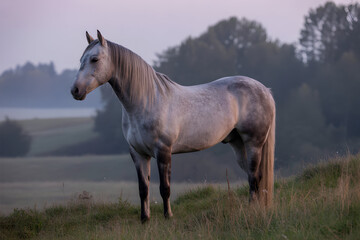 Obraz premium A beautiful gray horse standing in field