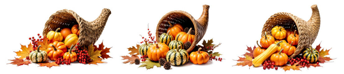 Woven cornucopias overflowing with colorful autumn fruits, vegetables, and leaves on a transparent background.