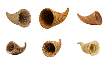 Collection of empty woven cornucopia baskets in various styles and materials on a transparent background.