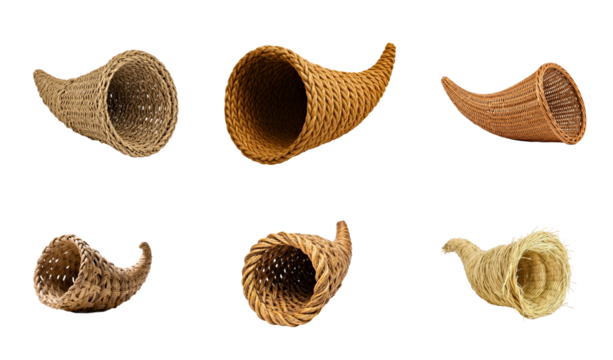 Collection of empty woven cornucopia baskets in various styles and materials on a transparent background.