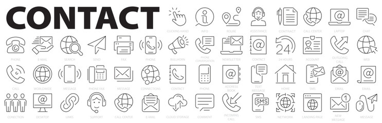 Contact icon set. Phone, call, email, address, website, message, chat, social media and more. Vector illustration