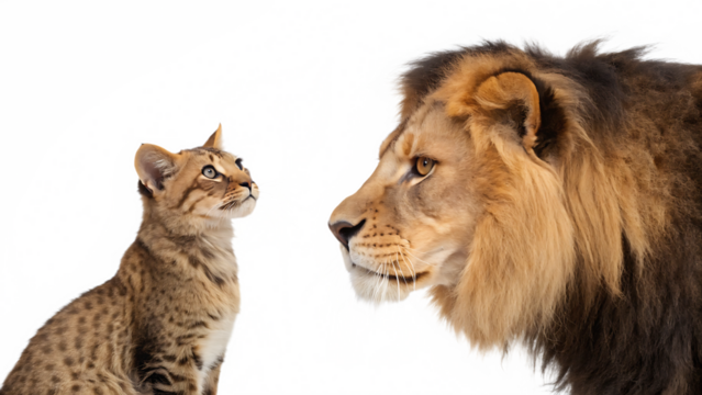 Kitten and adult lion face each other with abstract colorful background big cat feline isolated on a transparent background