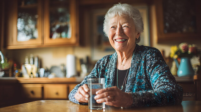 Senior Woman Taking Daily Medication with Water Morning - Powered by Adobe