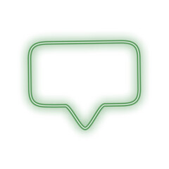 A glowing green neon speech bubble outline on a white background, symbolizing communication or ideas.