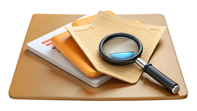 Photo of a magnifying glass over documents and papers on a desk, symbolizing research and analysis isolated on transparent background