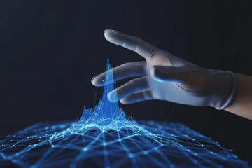 Gloved hand interacting with holographic blue data network, dark studio background, glowing grid and spike visualization, futuristic technology and AI interface concept