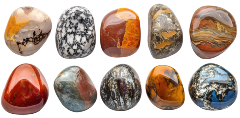 Set of five polished natural stones with varied textures and earthy colors, isolated on transparent background. Ideal for geology visuals, interior design, wellness themes, and mineral collections