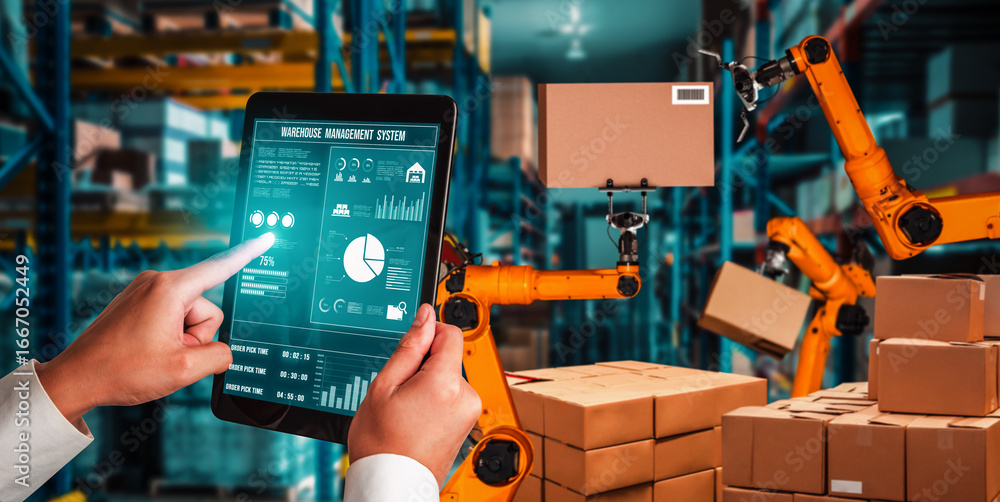 Poster smart robot arm systems for innovative warehouse and factory digital technology . automation manufac