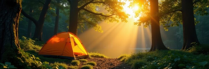 Golden light illuminating lush canopy above campsite, green, tent