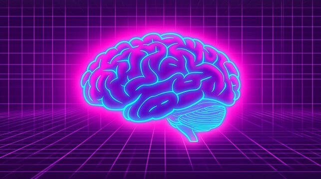 Neon brain glows in cyberspace, rendered on a retro-style geometric grid background